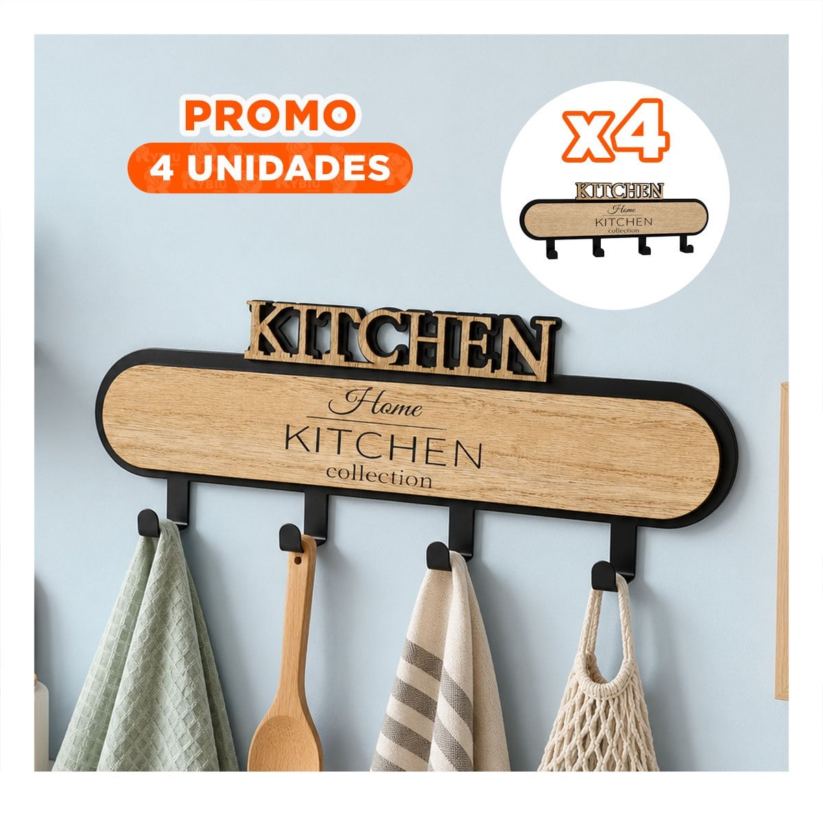 PACK4 COLGADOR 39X13,5CM CON 4 GANCHOS DE KITCHEN NEGRO Y BEIGE PARA DORMITORIO - 1