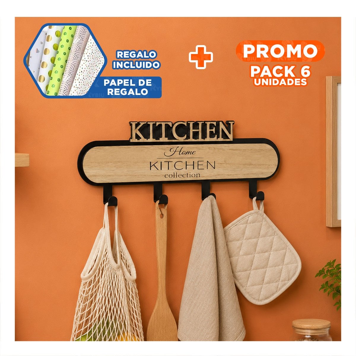 PACK6 COLGADOR DE KITCHEN NEGRO Y BEIGE 39X13,5CM PARA PARED CON 4 GANCHOS YPAPEL REGALO - 1