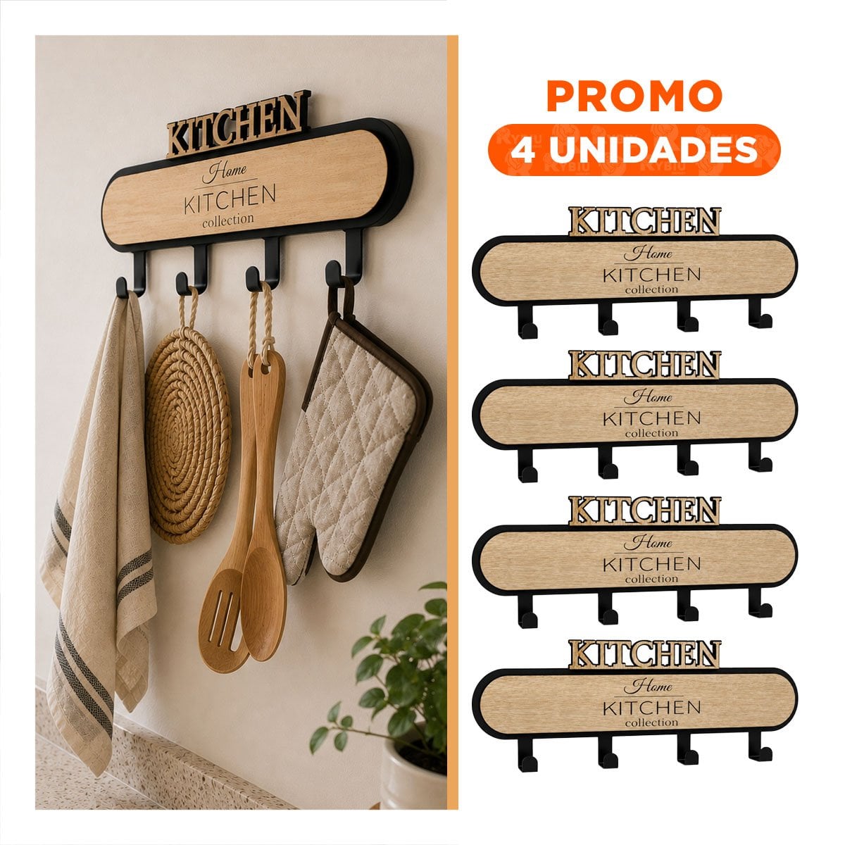 PACK4 SUJETADOR KITCHEN NEGRO Y BEIGE 39X13,5CM CON 4 GANCHOS PARA HOGAR YREGALO STICKER - 1
