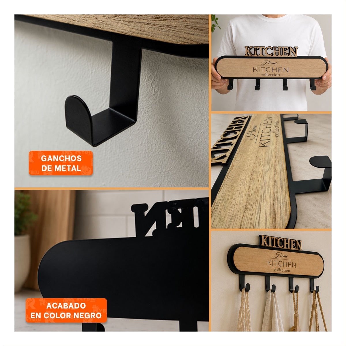 PACK4 SUJETADOR KITCHEN NEGRO Y BEIGE 39X13,5CM CON 4 GANCHOS PARA HOGAR YREGALO STICKER - 2