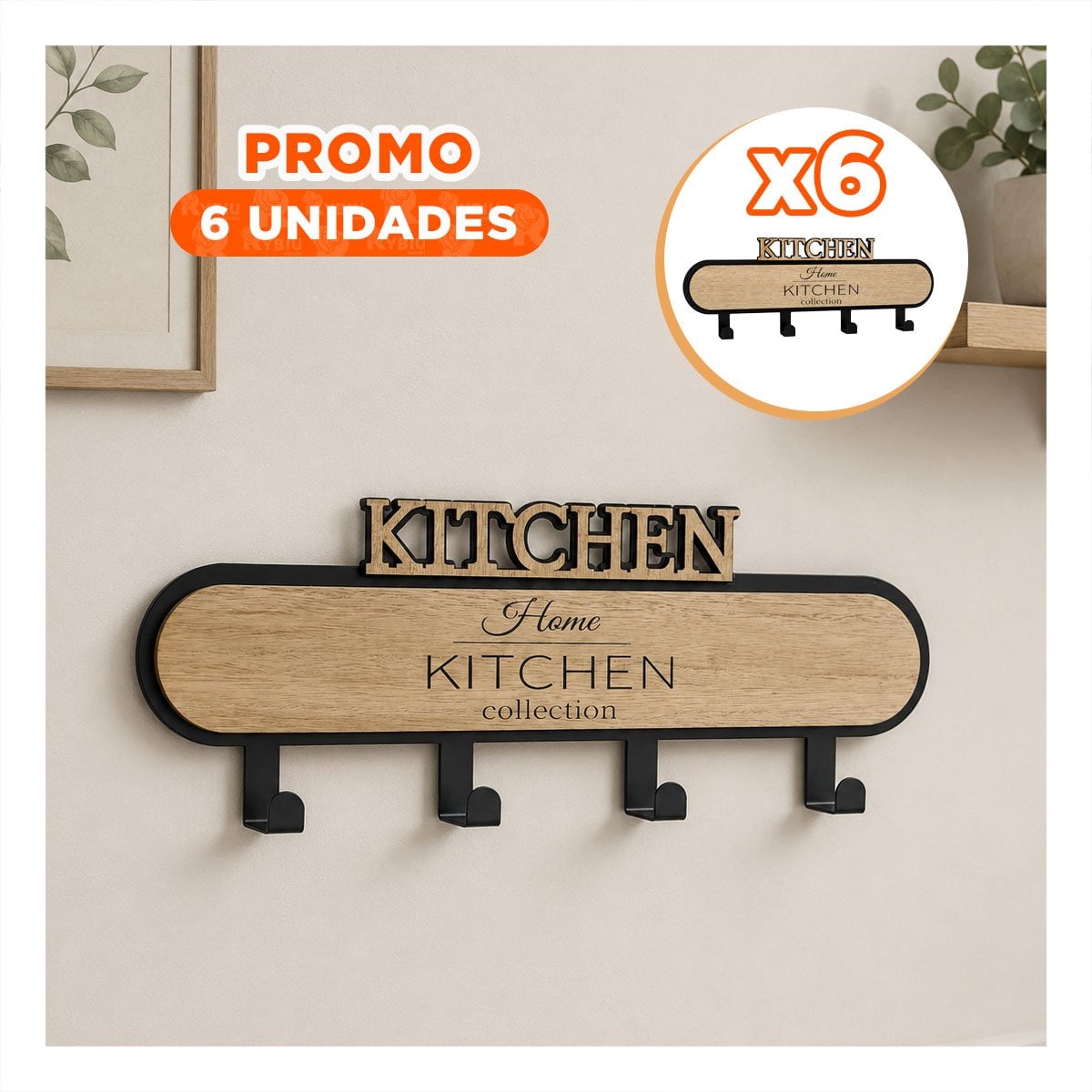 PACK6 GANCHO CON 4 GANCHOS KITCHEN NEGRO Y BEIGE 39X13,5CM PARA ACCESORIOS YREGALO STICKER - 1