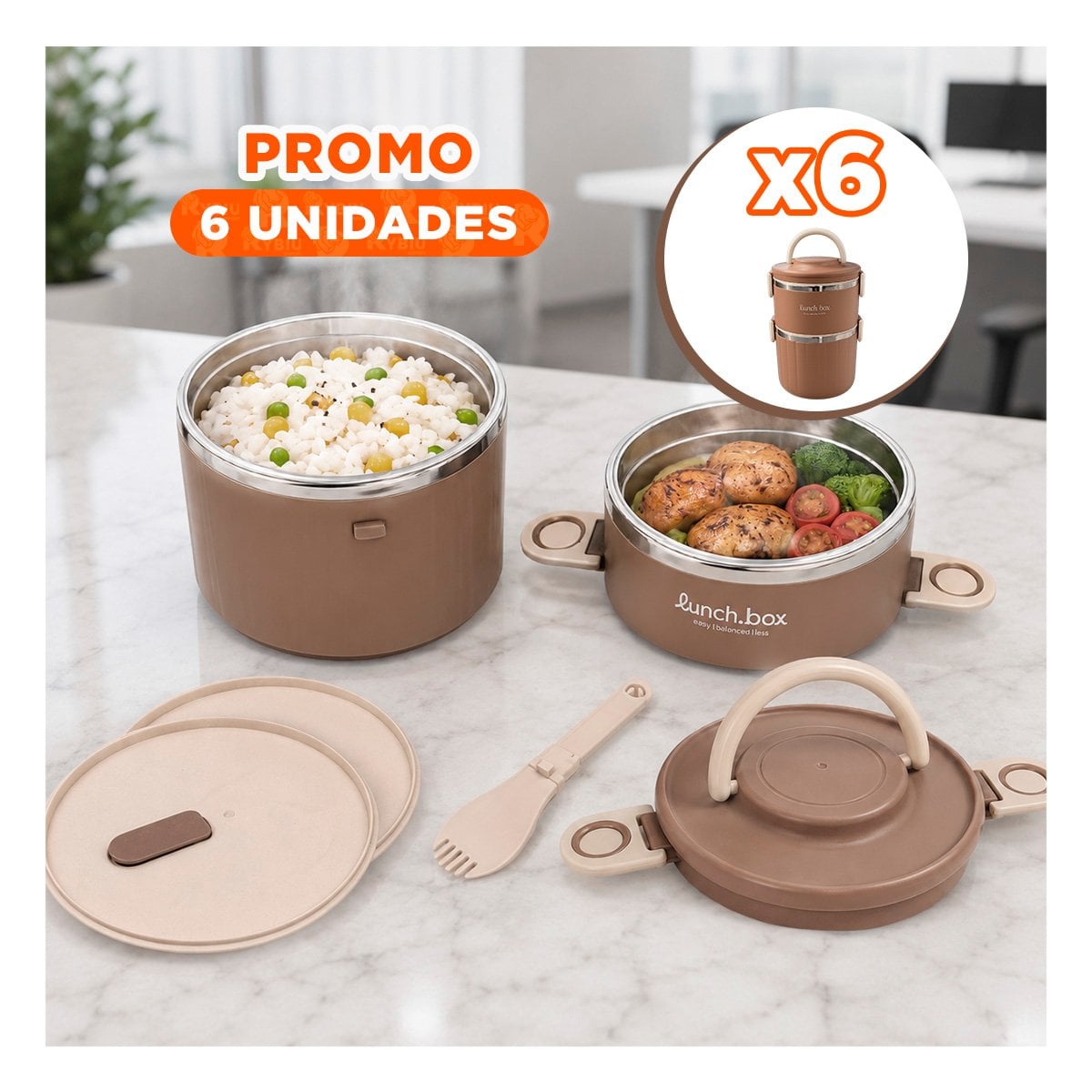 PACK6 TAPER HERMETICO 1800 ML TERMO CIRCULAR DUO MARRON YREGALO STICKER - 1