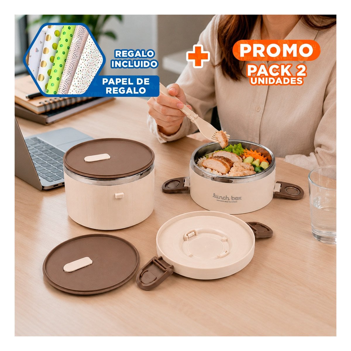 PACK2 ENVASE PARA COCINA 1800 ML TERMO CIRCULAR DUO CON TAPA YPAPEL REGALO - 1