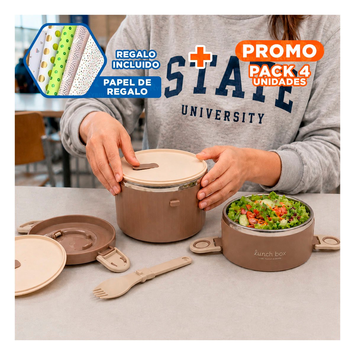 PACK4 ENVASE PARA ALMUERZO 1800 ML TERMO CIRCULAR DUO MARRON YPAPEL REGALO - 1