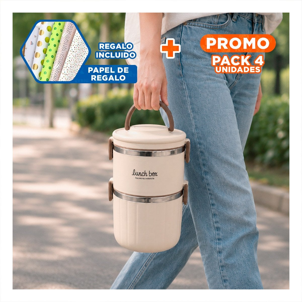 PACK4 ENVASE PARA ALMUERZO 1800 ML TERMO CIRCULAR DUO BEIGE YPAPEL REGALO - 1