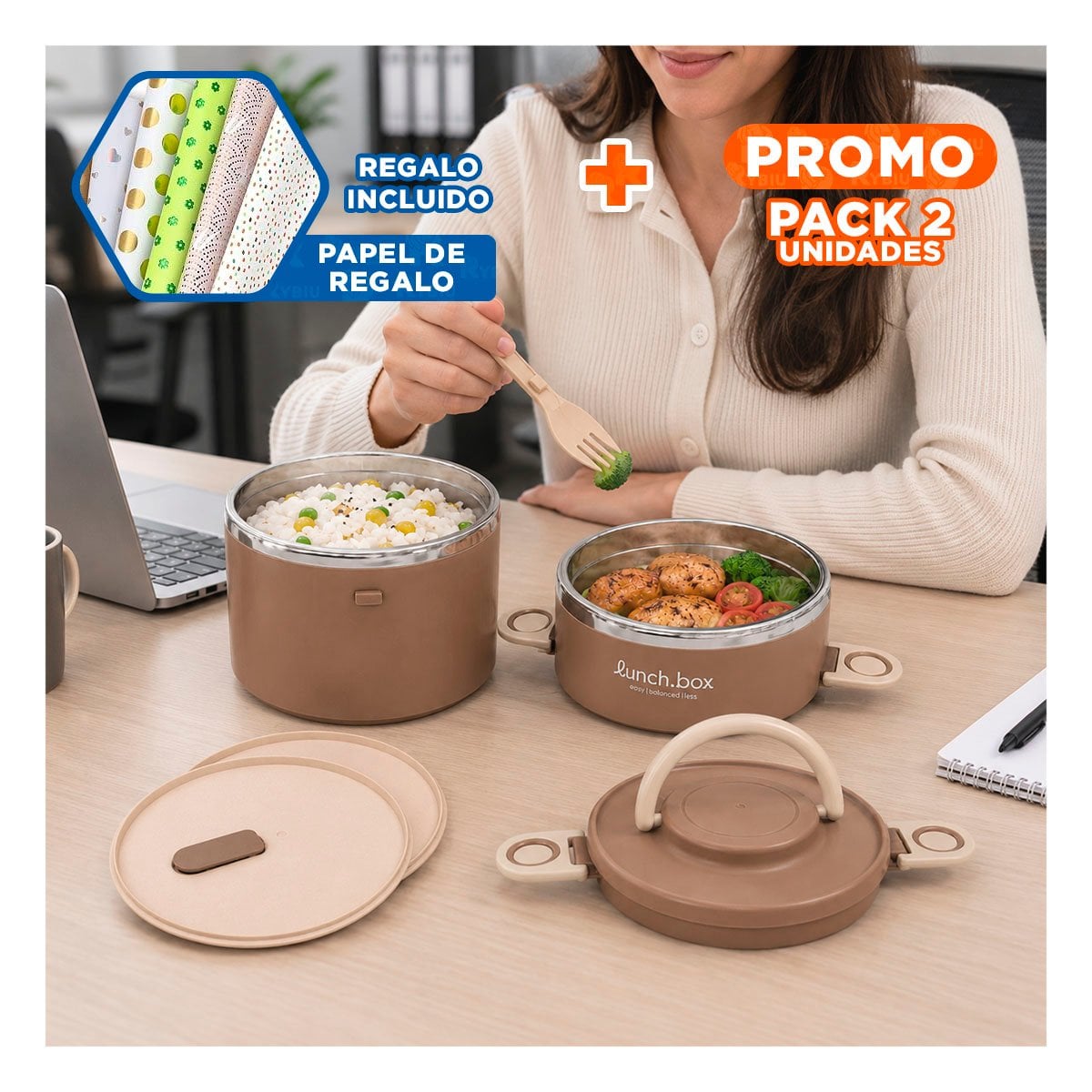 PACK2 ENVASE PARA COCINA 1800 ML TERMO CIRCULAR DUO CON TAPA YPAPEL REGALO - 1