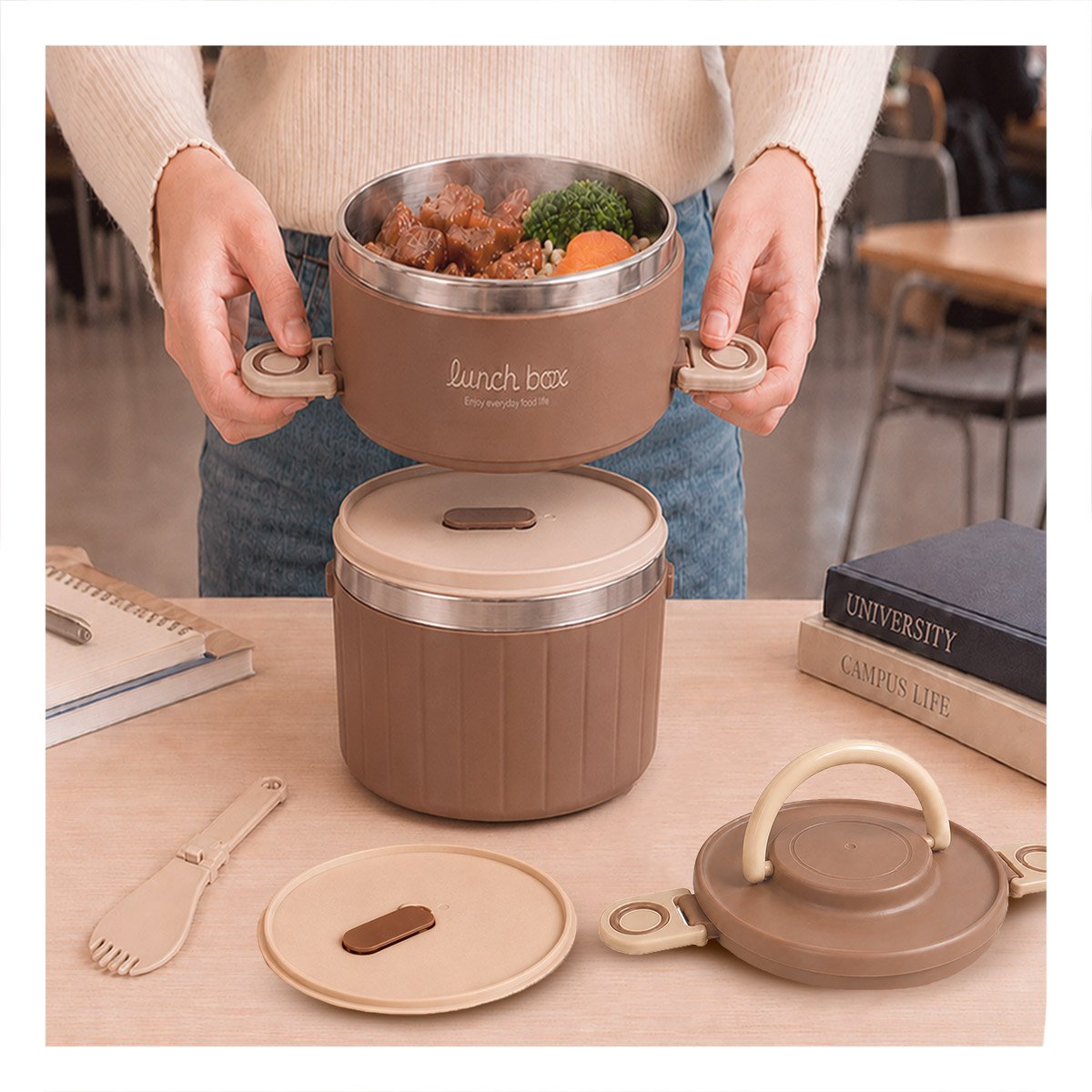 RECIPIENTE PARA COMIDAS CASERAS 1800 ML TERMO CIRCULAR DUO Y PAPEL REGALO - 5