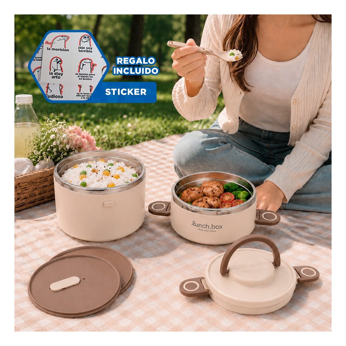 ENVASE PARA PREPARACIONES 1800 ML TERMO CIRCULAR DUO BEIGE 1800 ML Y REGALO STICKER - 1