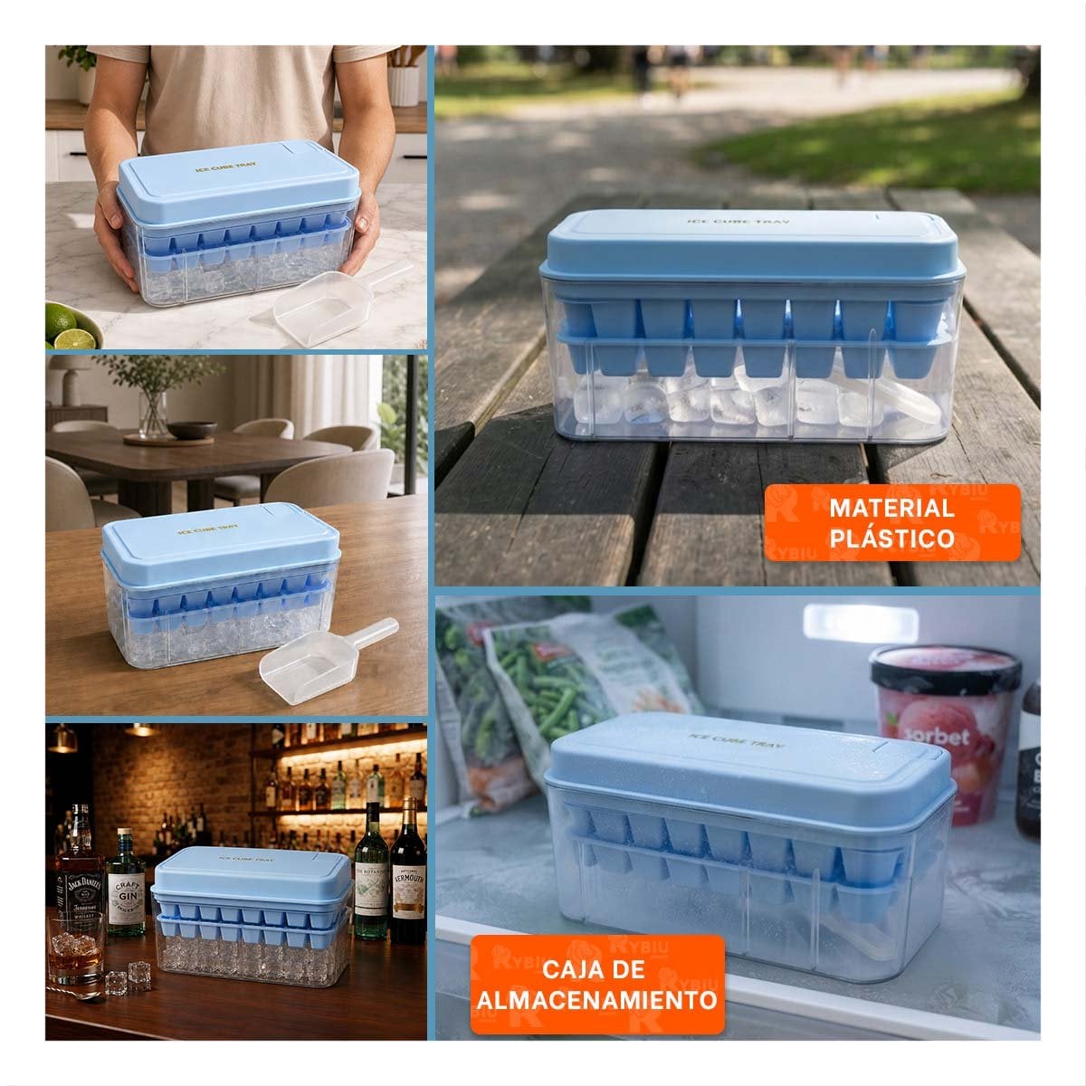 MOLDE PARA CUBOS CELESTE CON BANDEJAS DOBLES DE HIELO Y LIGAS REGALO - 5