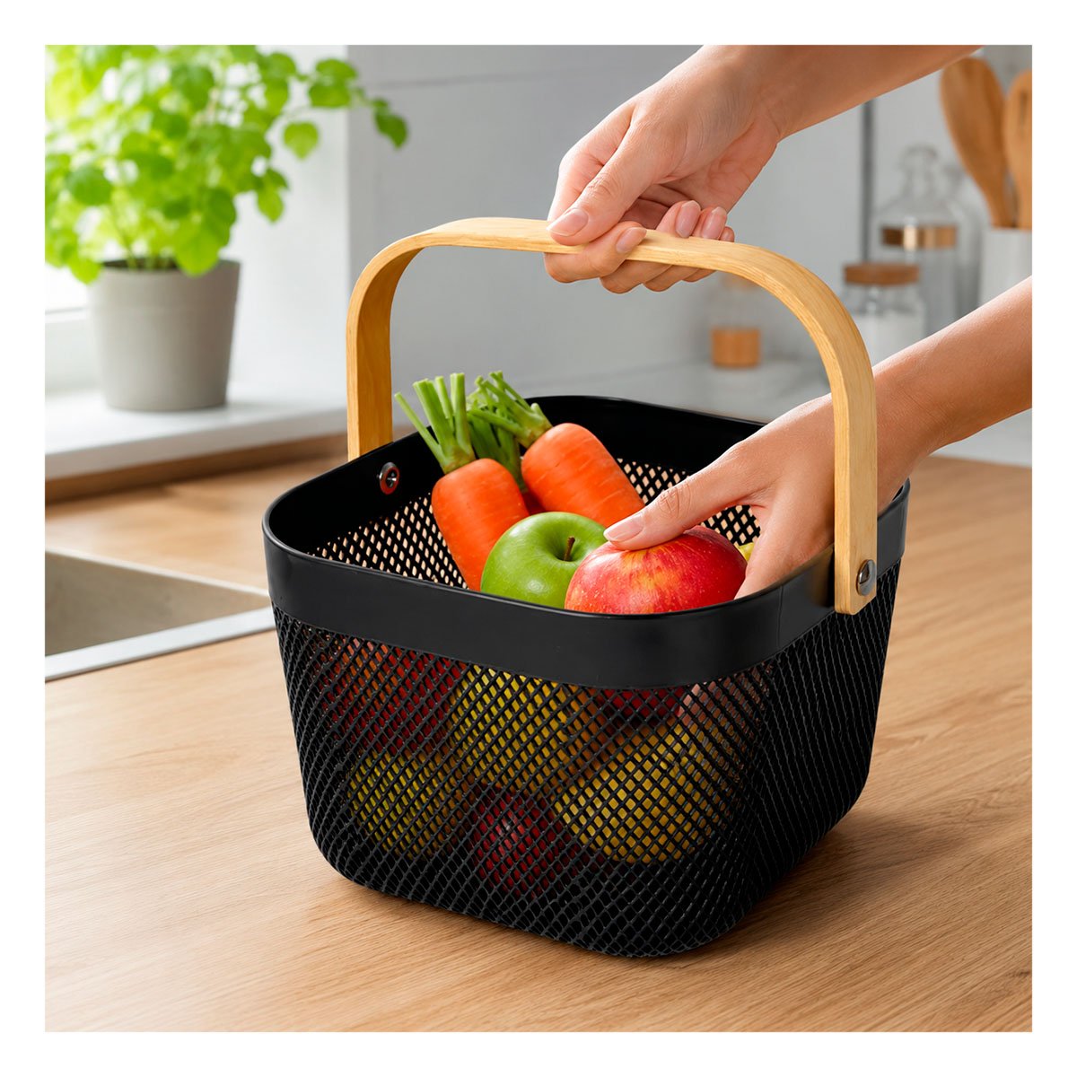 PACK4 CANASTA DE COCINA NEGRO CON ASA DE MADERA CUADRADA 20X20X14,5CM MALLA PLASTICO - 5
