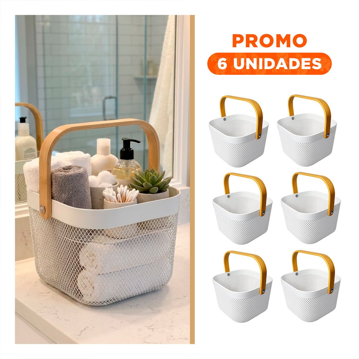 PACK6 ORGANIZADOR PARA COCINA BLANCO CUADRADO 20X20X14,5CM MALLA PLASTICO ASA DE MADERA - 1