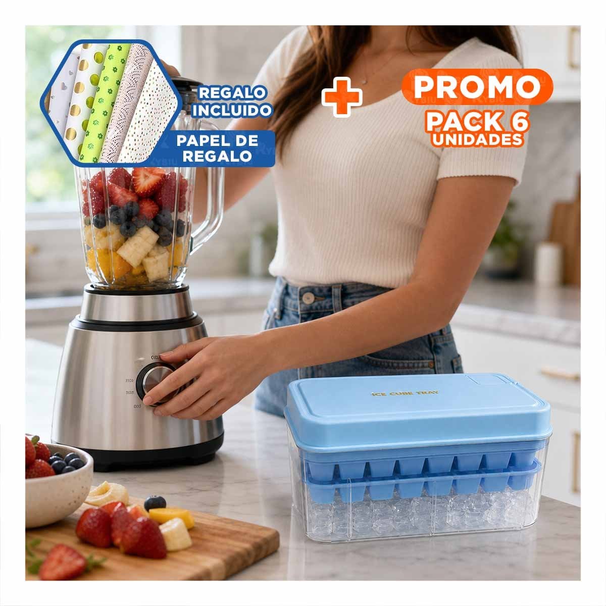 PACK6 BANDEJA DE CUBOS CELESTE CON MOLDE PARA HIELO DOBLE YPAPEL REGALO - 1
