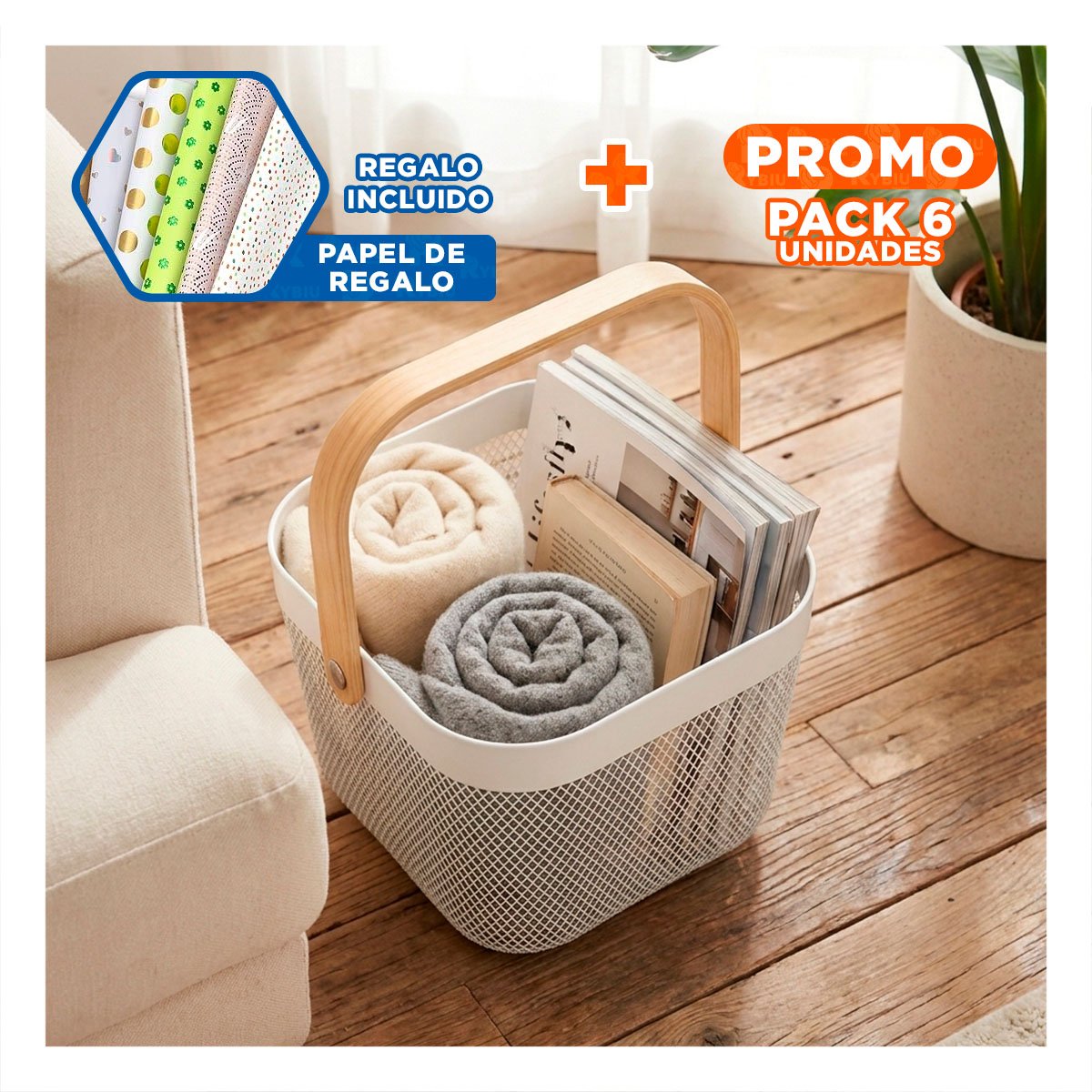 PACK6 CANASTA MALLA PLASTICO CUADRADA CON ASA DE MADERA 20X20X14,5CM BLANCO YPAPEL REGALO - 1