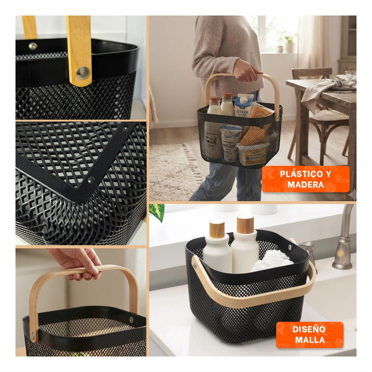 CANASTA CON ASA DE MADERA NEGRO 24X24X18CM MALLA PLASTICO CUADRADA - 5
