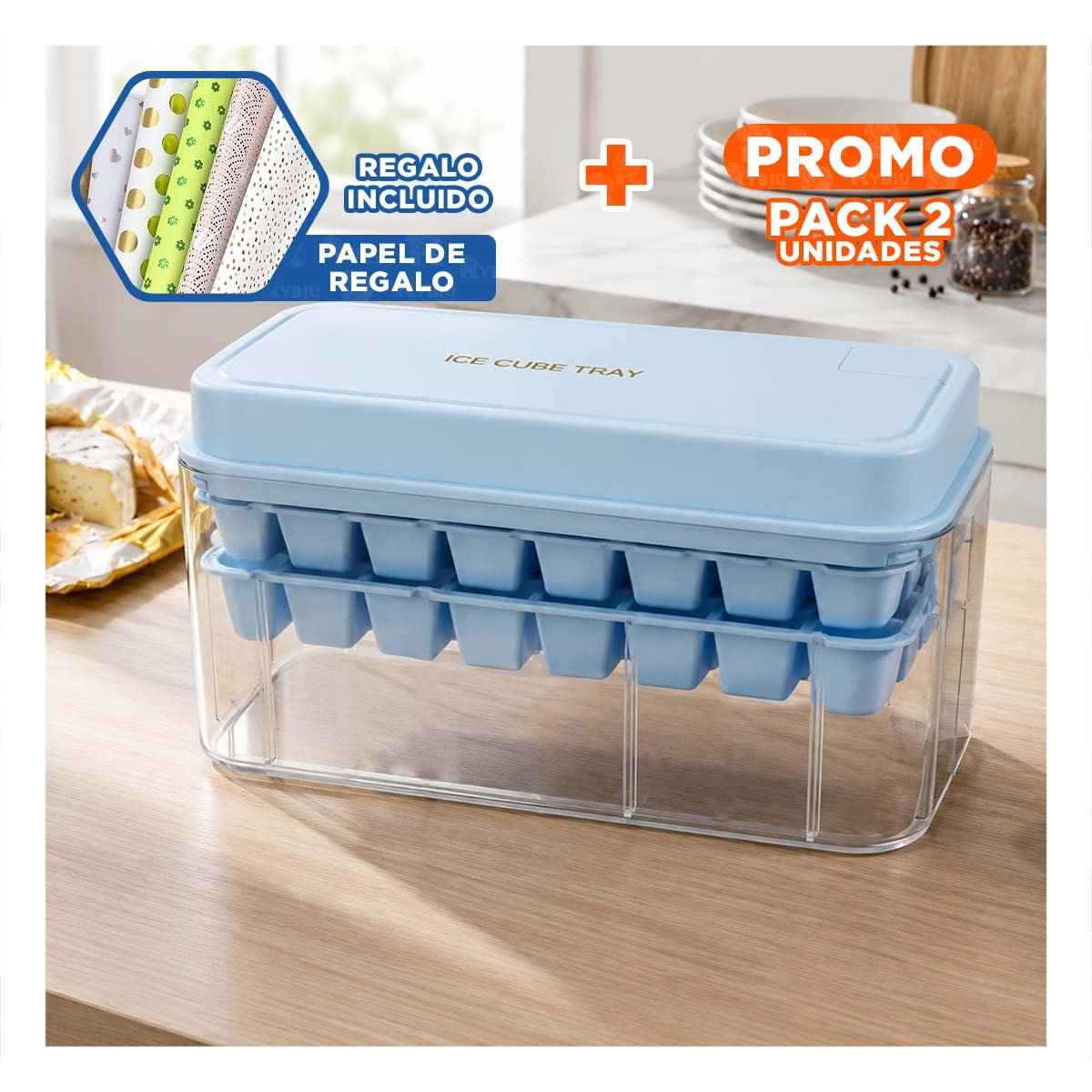 PACK2 HIELERA DE HIELO CELESTE CON BANDEJAS DOBLES PARA CUBOS YPAPEL REGALO - 1