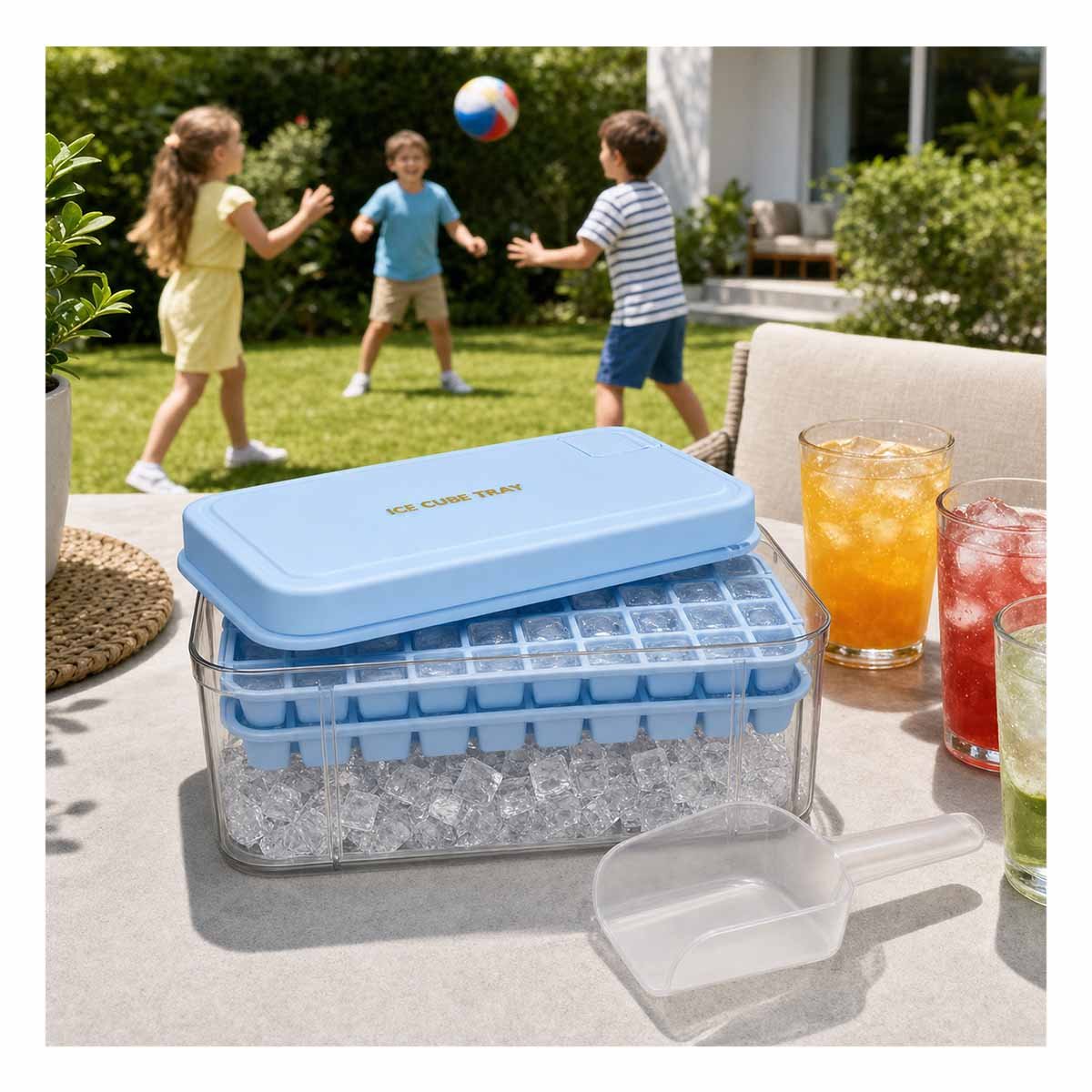 PACK2 HIELERA DE HIELO CELESTE CON BANDEJAS DOBLES PARA CUBOS YPAPEL REGALO - 2