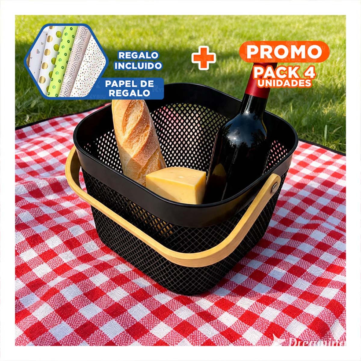 PACK4 CANASTILLA PARA ACCESORIOS CON ASA DE MADERA MALLA PLASTICO NEGRO YPAPEL REGALO - 1