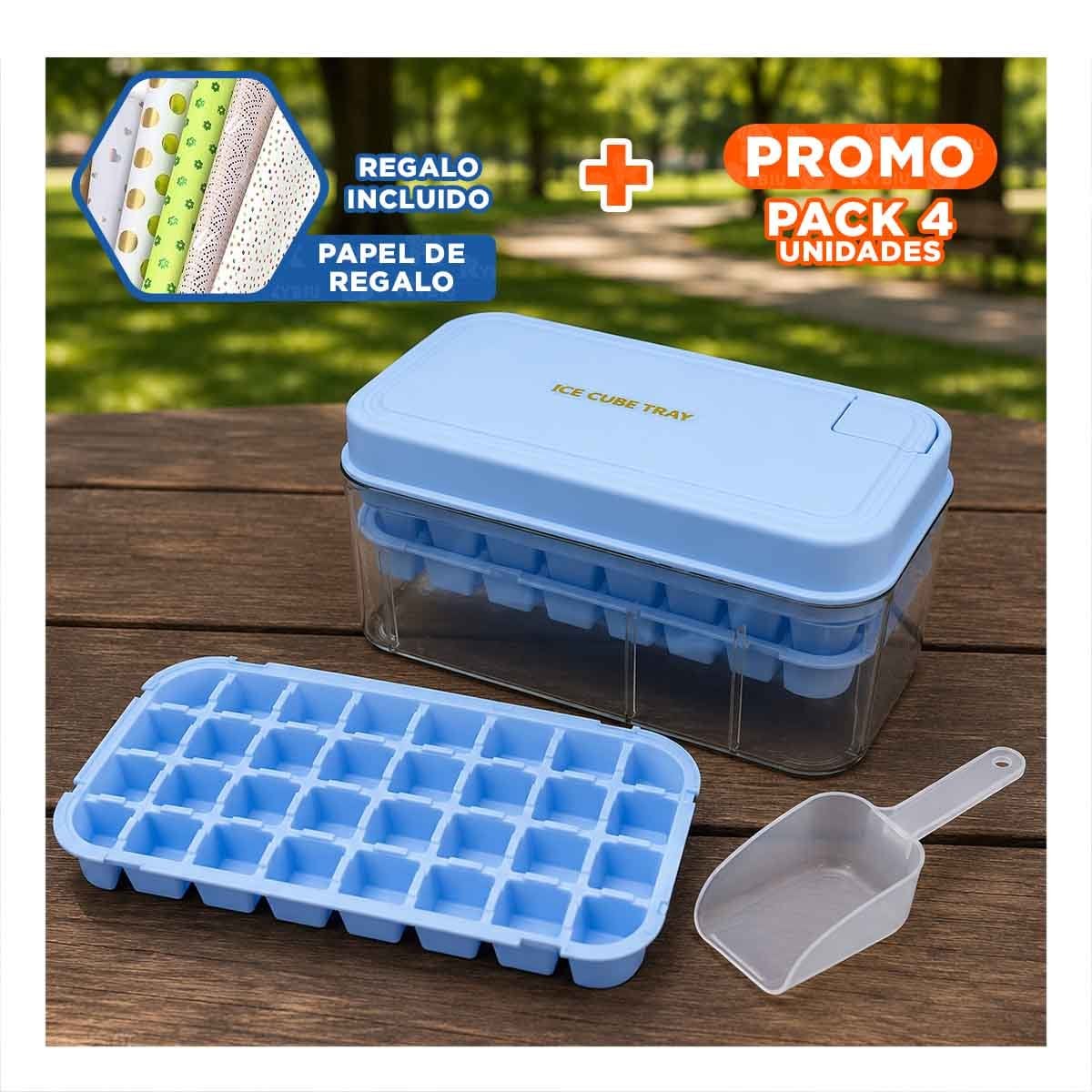 PACK4 CUBETERA CON SISTEMA DE 2 BANDEJAS PARA HIELO CELESTE YPAPEL REGALO - 1