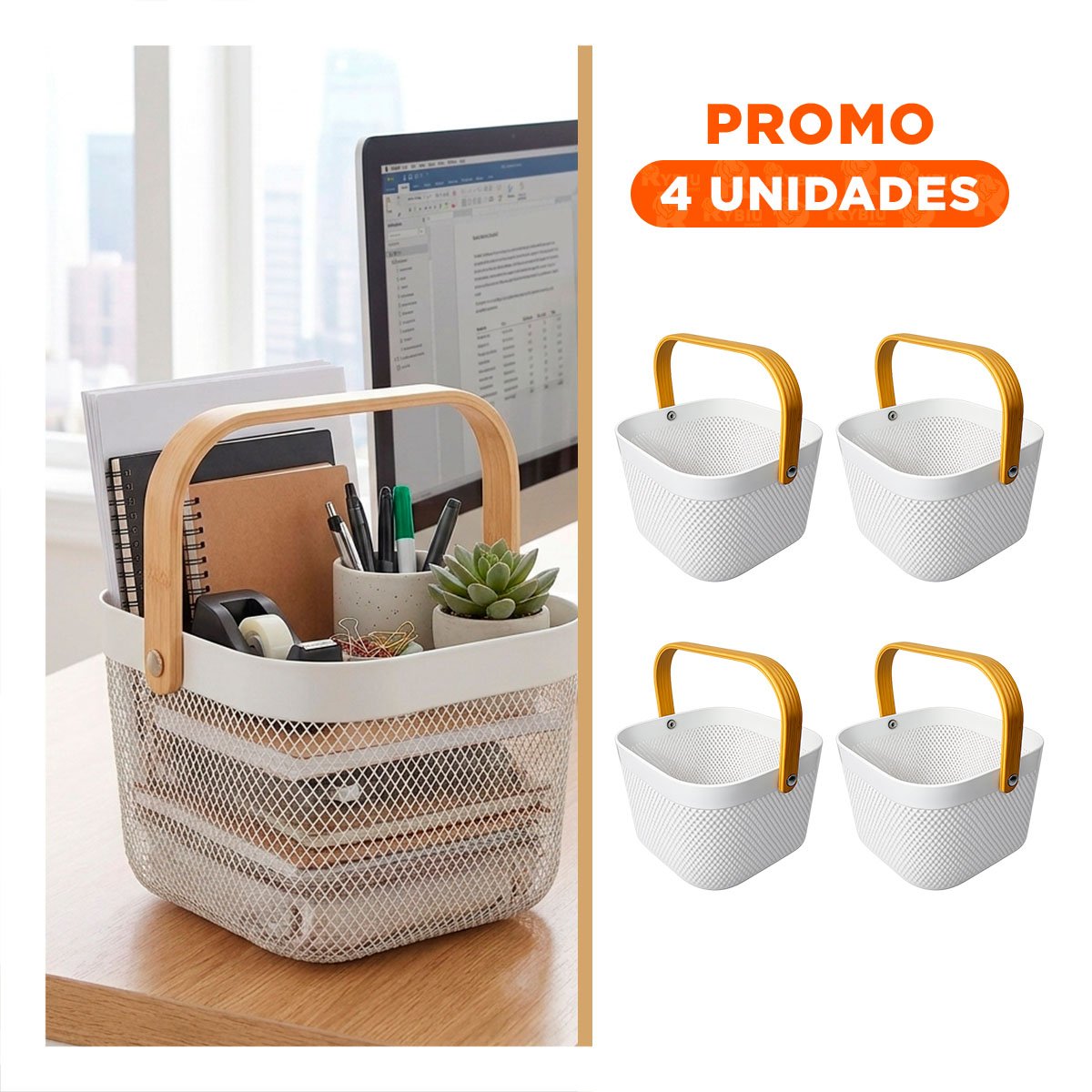 PACK4 CONTENEDOR CUADRADO ASA DE MADERA BLANCO PARA ORGANIZAR MALLA PLASTICO YREGALO STICKER - 1