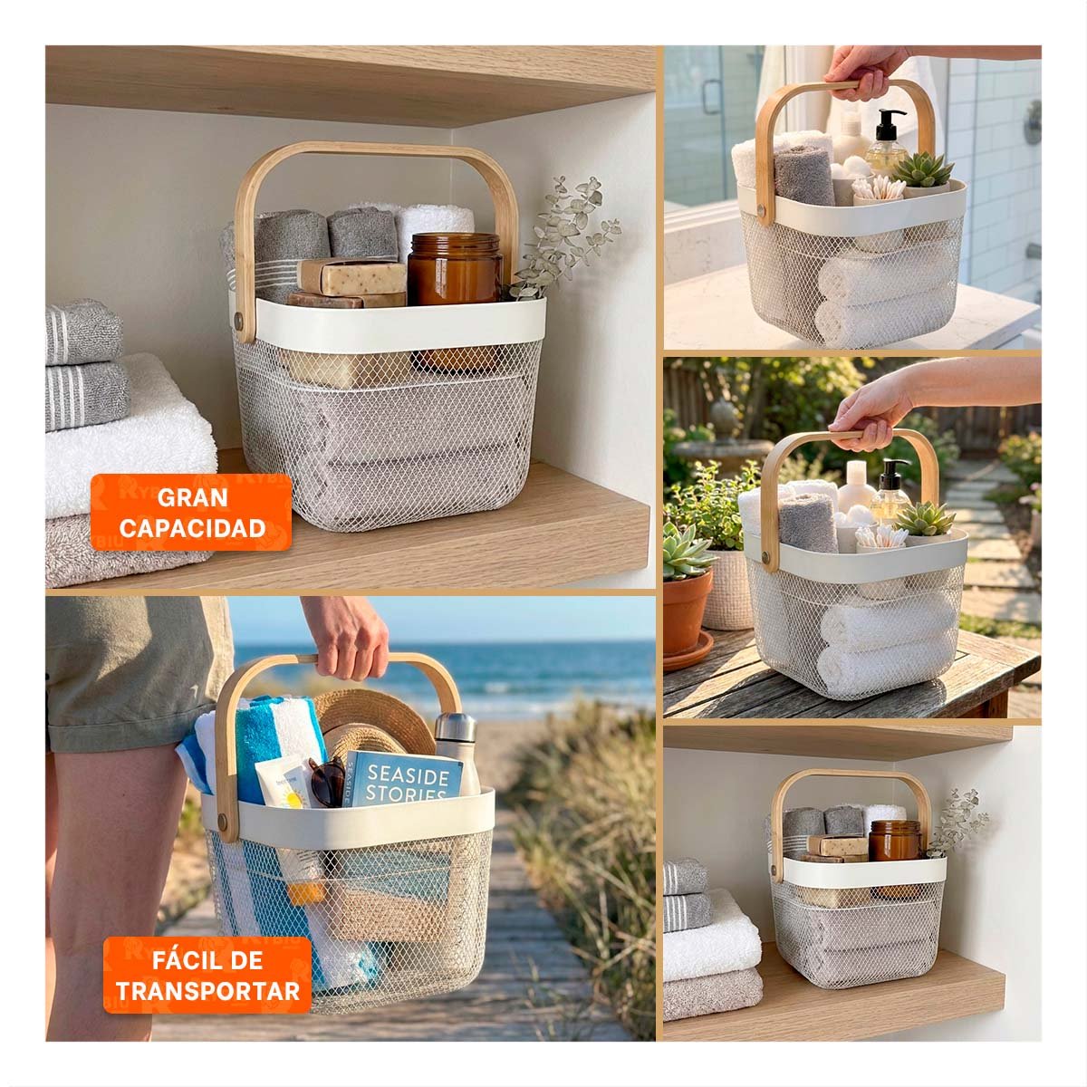 PACK4 CONTENEDOR CUADRADO ASA DE MADERA BLANCO PARA ORGANIZAR MALLA PLASTICO YREGALO STICKER - 2