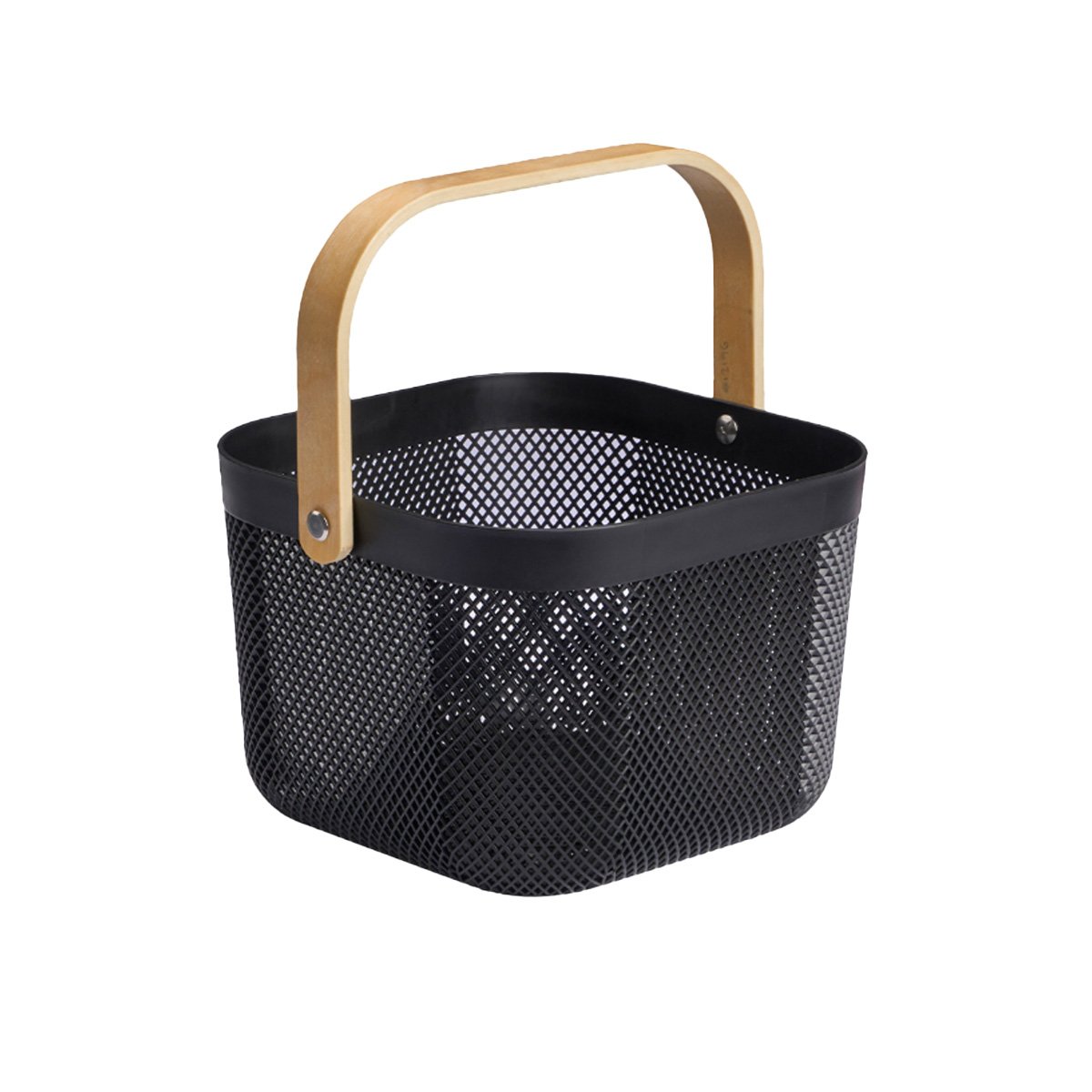 CANASTILLA CUADRADA 24X24X18CM NEGRO DE MALLA PLASTICO CON ASA DE MADERA Y PAPEL REGALO - 1