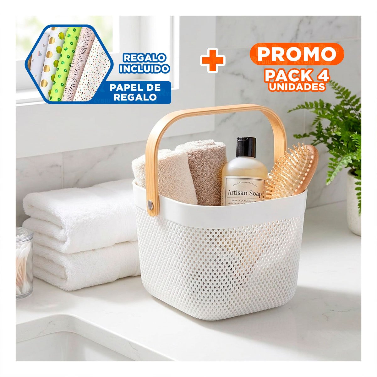 PACK4 CANASTILLA PARA ACCESORIOS CON ASA DE MADERA MALLA PLASTICO BLANCO YPAPEL REGALO - 1