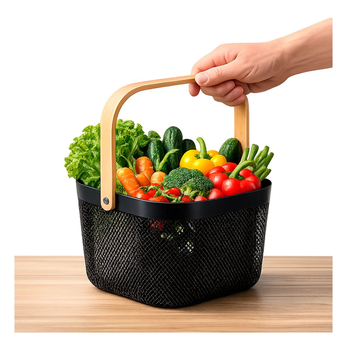 ORGANIZADOR NEGRO 20X20X14,5CM CON ASA DE MADERA Y MALLA PLASTICO CUADRADO Y LIGAS REGALO - 3