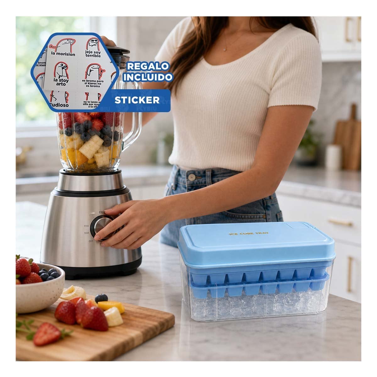 HIELERA PARA PREPARAR HIELO CELESTE CON SISTEMA DE 2 BANDEJAS Y REGALO STICKER - 1