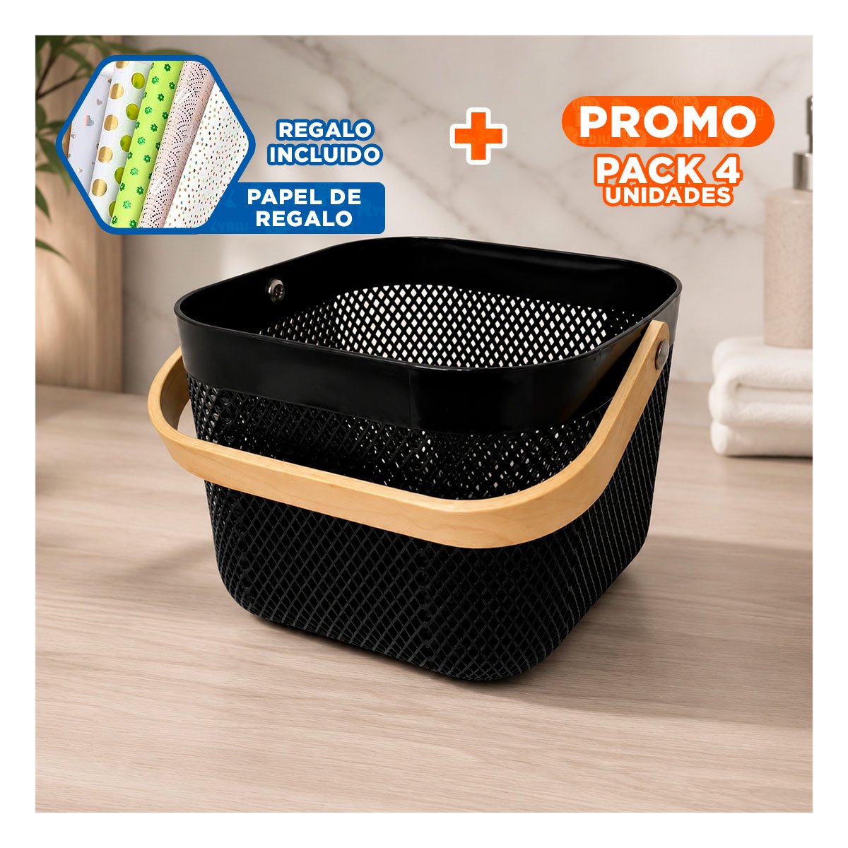 PACK4 CANASTILLA PARA ACCESORIOS CON ASA DE MADERA MALLA PLASTICO NEGRO YPAPEL REGALO - 1