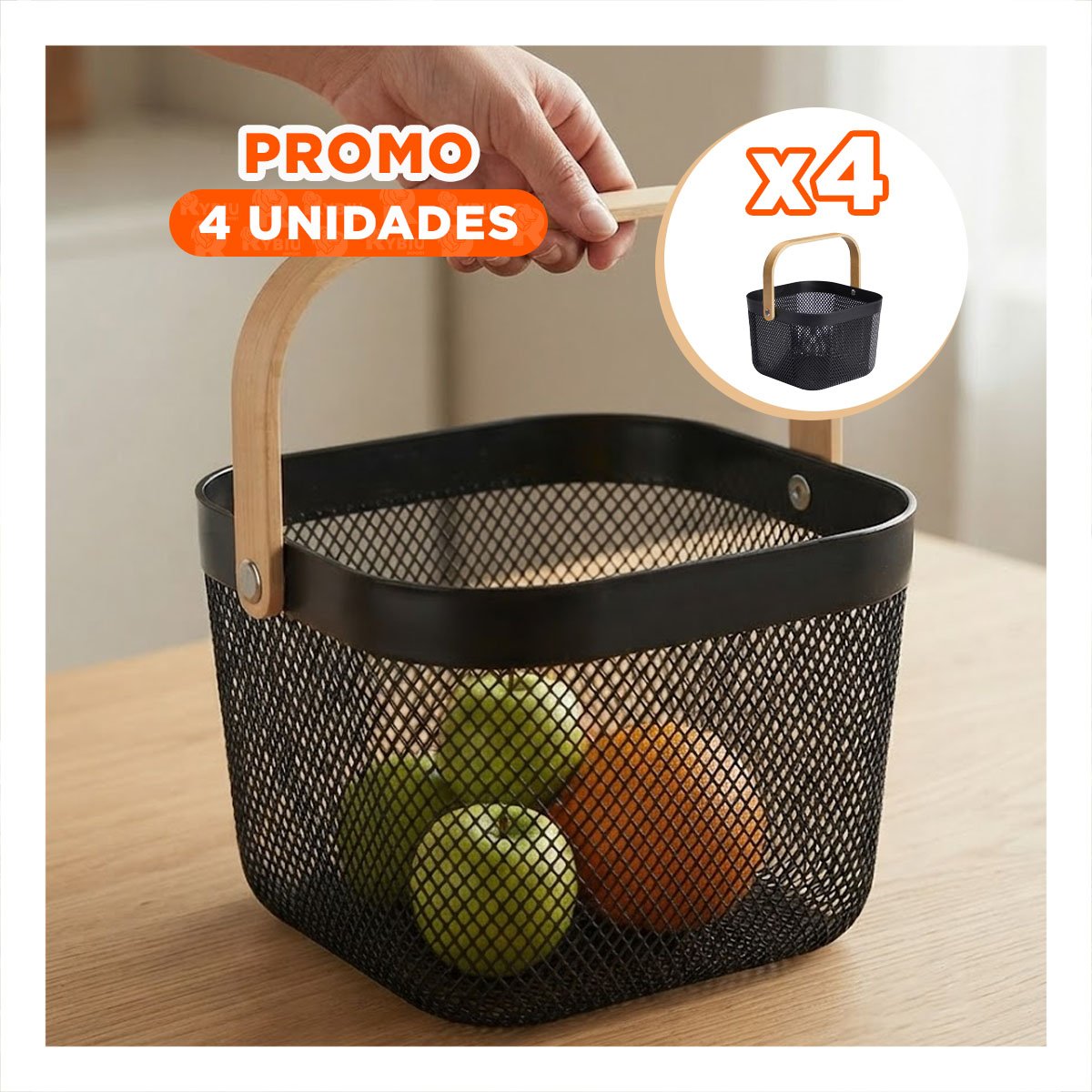 PACK4 CANASTA DE COCINA NEGRO CON ASA DE MADERA CUADRADA 24X24X18CM MALLA PLASTICO - 1