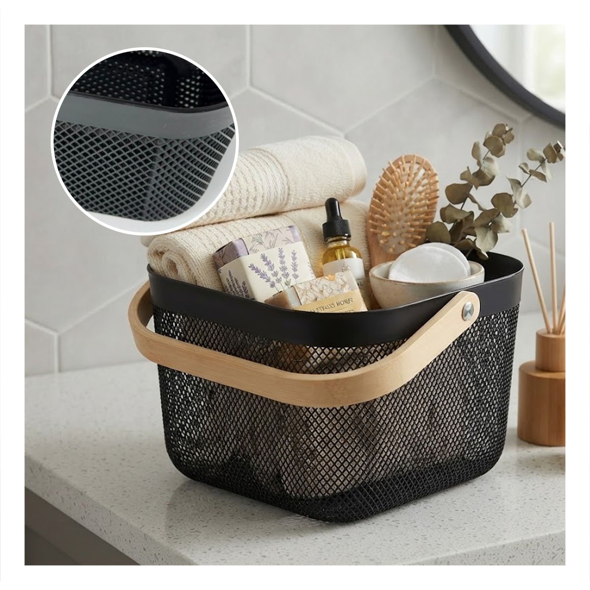 PACK4 CANASTA DE COCINA NEGRO CON ASA DE MADERA CUADRADA 24X24X18CM MALLA PLASTICO - 5