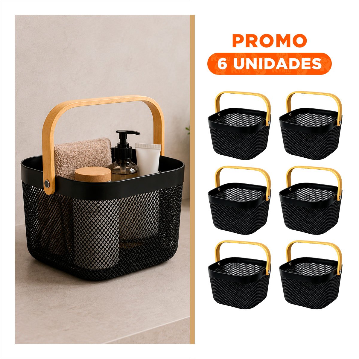 PACK6 ORGANIZADOR PARA COCINA NEGRO CUADRADO 20X20X14,5CM MALLA PLASTICO ASA DE MADERA - 1