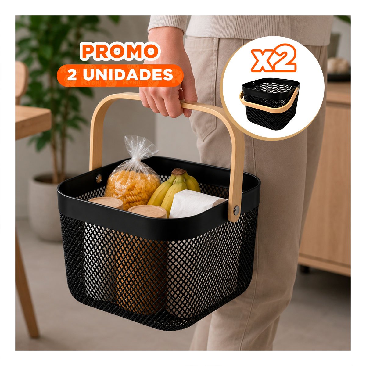 PACK2 ORGANIZADOR CUADRADO CON MALLA PLASTICO NEGRO ASA DE MADERA 20X20X14,5CM YREGALO STICKER - 1