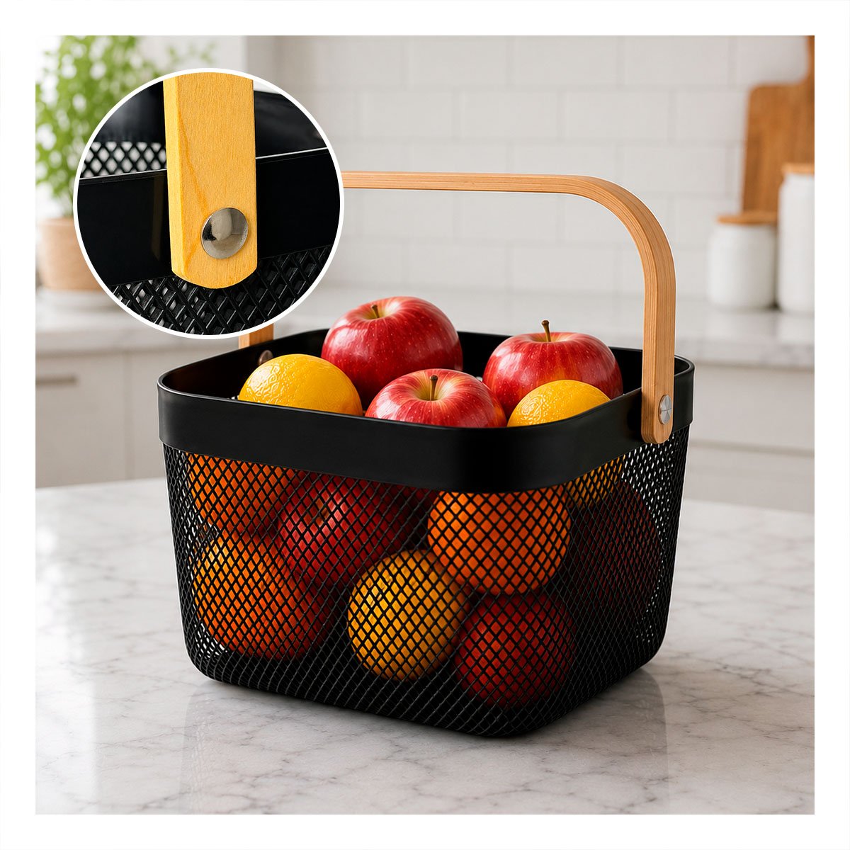 PACK2 ORGANIZADOR CUADRADO CON MALLA PLASTICO NEGRO ASA DE MADERA 20X20X14,5CM YREGALO STICKER - 5
