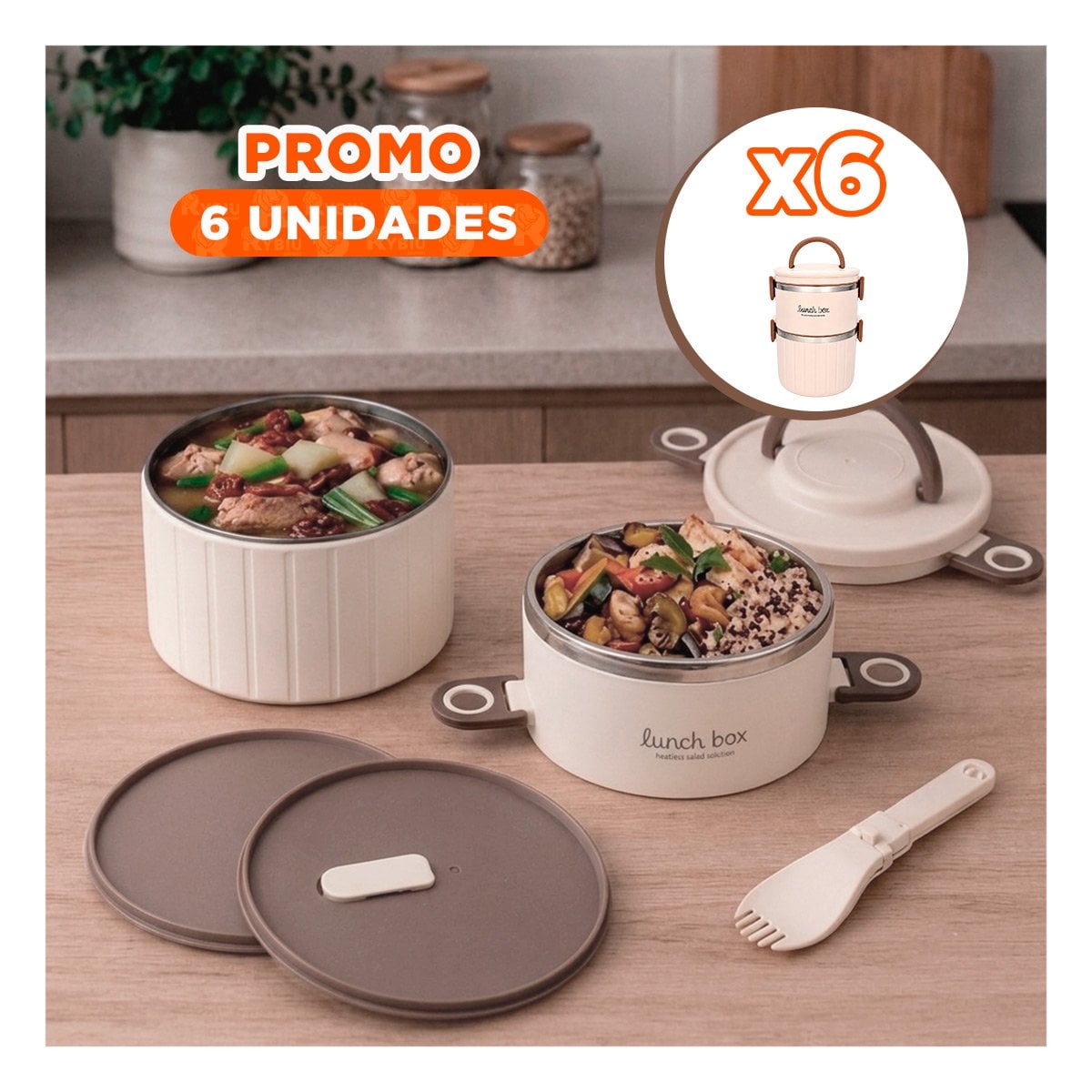 PACK6 TAPER HERMETICO 1800 ML TERMO CIRCULAR DUO BEIGE YREGALO STICKER - 1