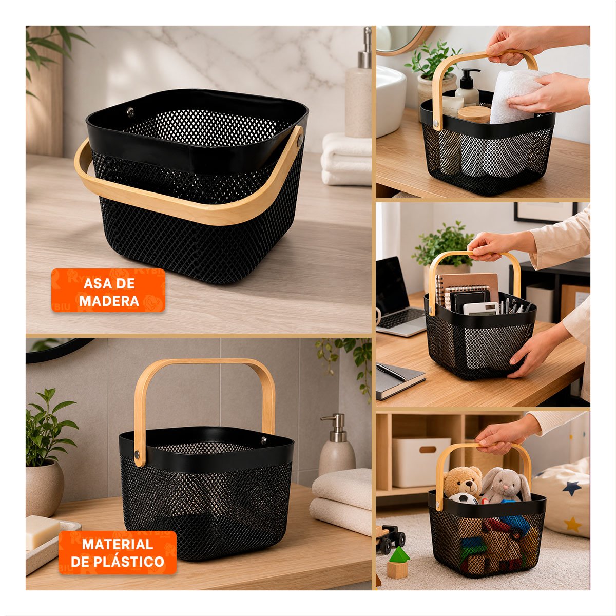 CANASTA CON ASA DE MADERA NEGRO 20X20X14,5CM MALLA PLASTICO CUADRADA - 5