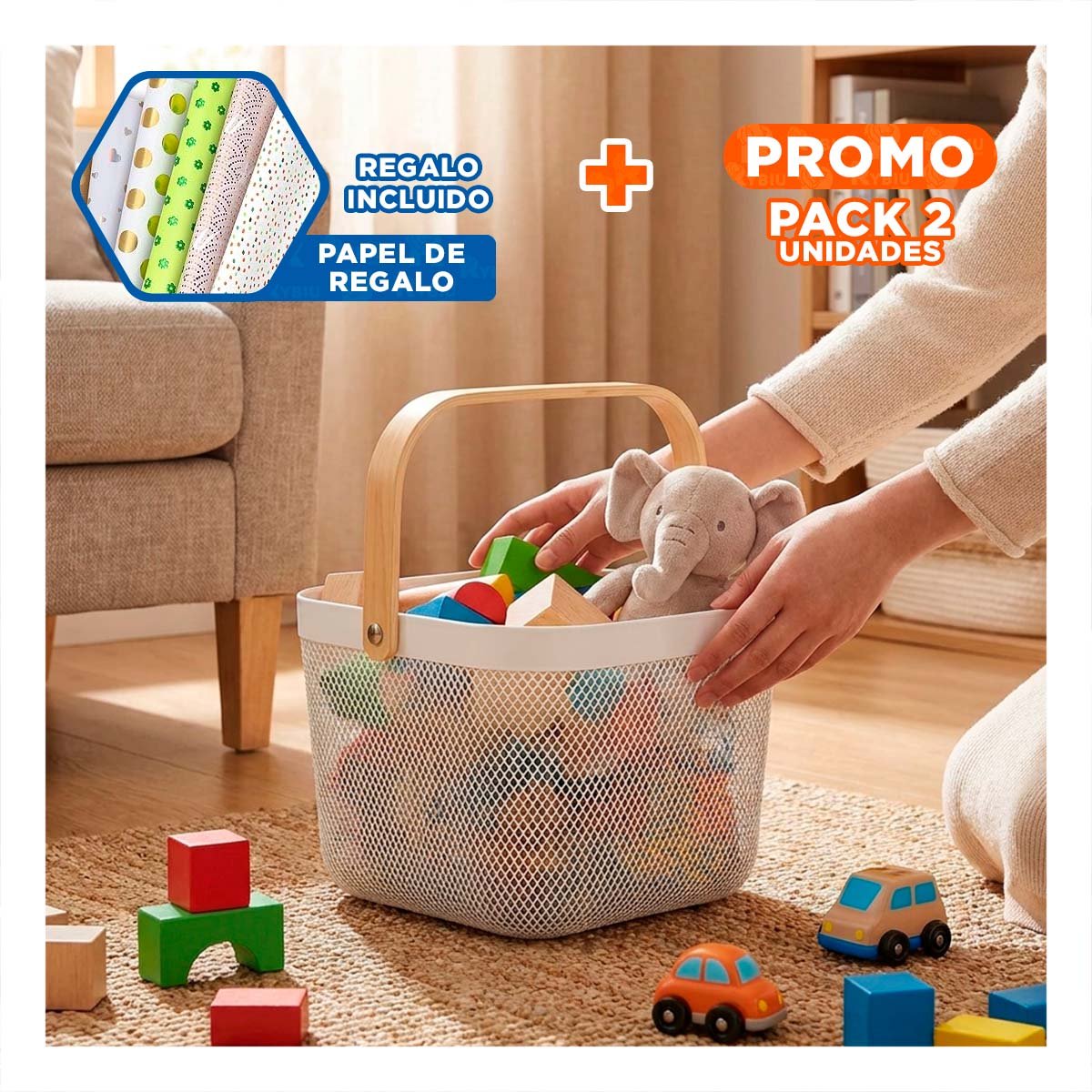 PACK2 CONTENEDOR PARA ORGANIZAR CUADRADO BLANCO 20X20X14,5CM CON ASA DE MADERA YPAPEL REGALO - 1