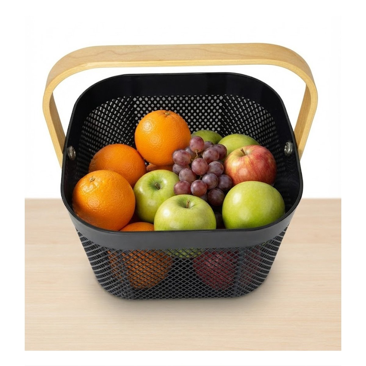 CANASTA PARA COCINA CUADRADA ASA DE MADERA NEGRO MALLA PLASTICO 24X24X18CM Y STICKY - 3