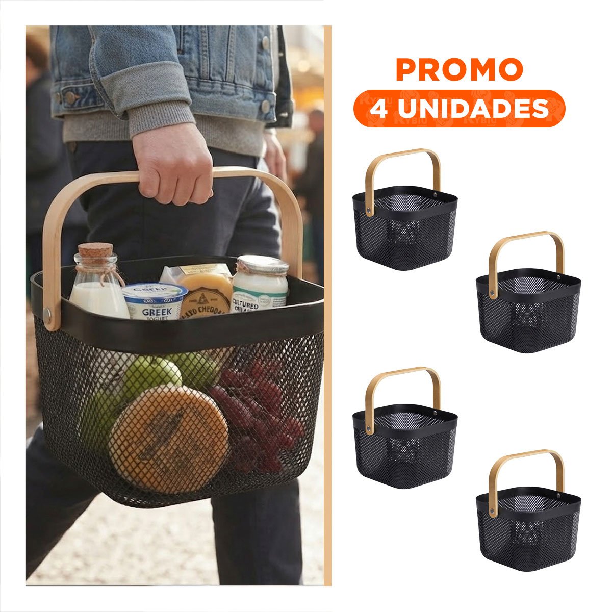 PACK4 CONTENEDOR CUADRADO ASA DE MADERA NEGRO PARA ORGANIZAR MALLA PLASTICO YREGALO STICKER - 1