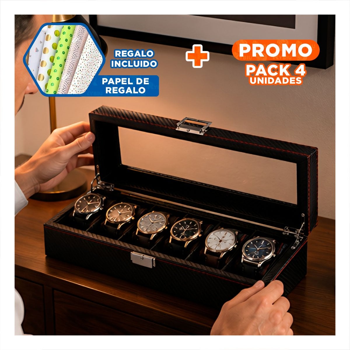 PACK4 ESTUCHE PREMIUM PARA RELOJES CON 6 COMPARTIMIENTOS NEGRO YPAPEL REGALO - 1