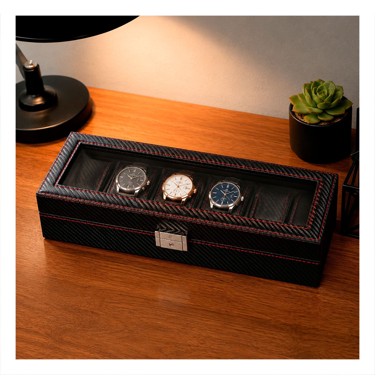 PACK4 ESTUCHE PREMIUM PARA RELOJES CON 6 COMPARTIMIENTOS NEGRO YPAPEL REGALO - 2