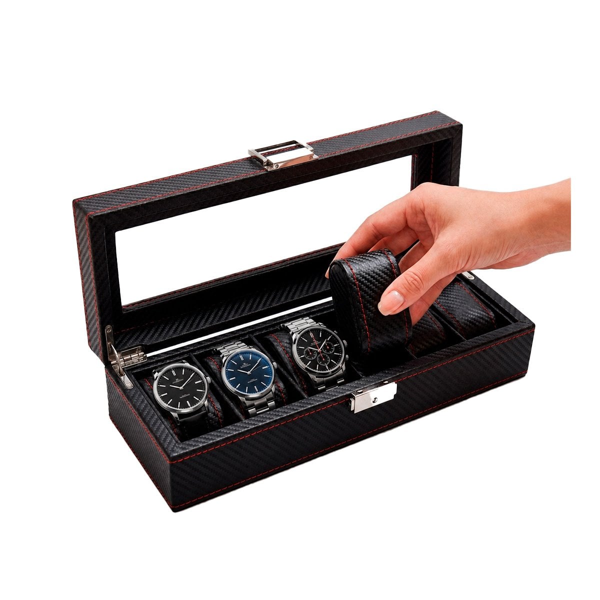 PACK4 ESTUCHE PREMIUM PARA RELOJES CON 6 COMPARTIMIENTOS NEGRO YPAPEL REGALO - 3