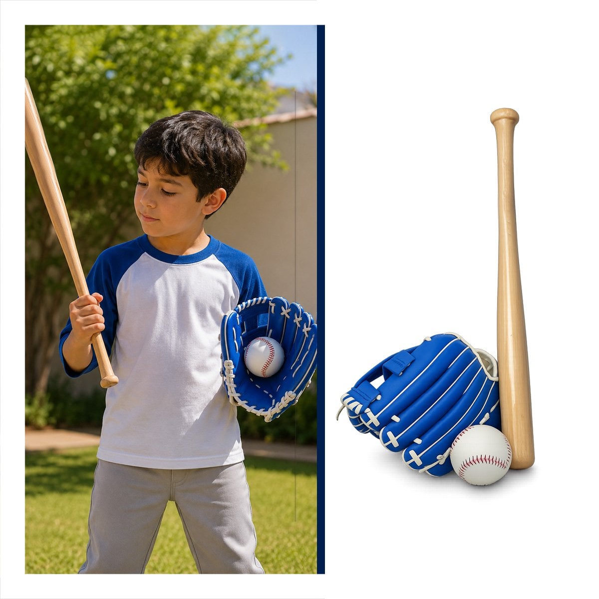 COMBO COLOR AZUL PARA BEISBOL CON BATE GUANTE Y PELOTA DE MADERA - 3