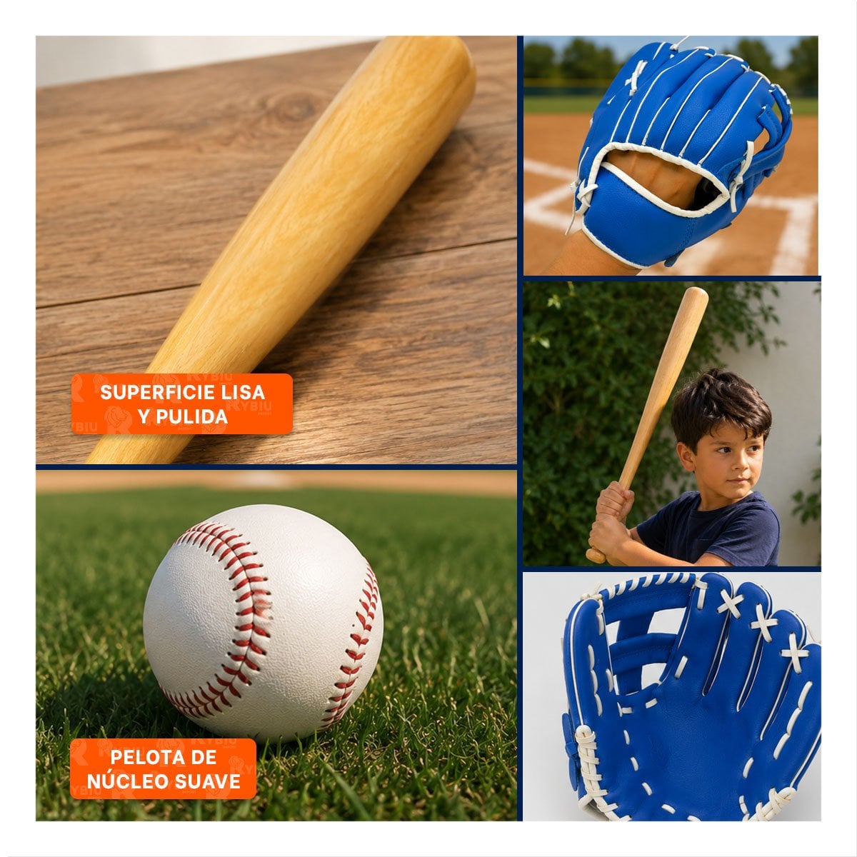 COMBO COLOR AZUL PARA BEISBOL CON BATE GUANTE Y PELOTA DE MADERA - 5