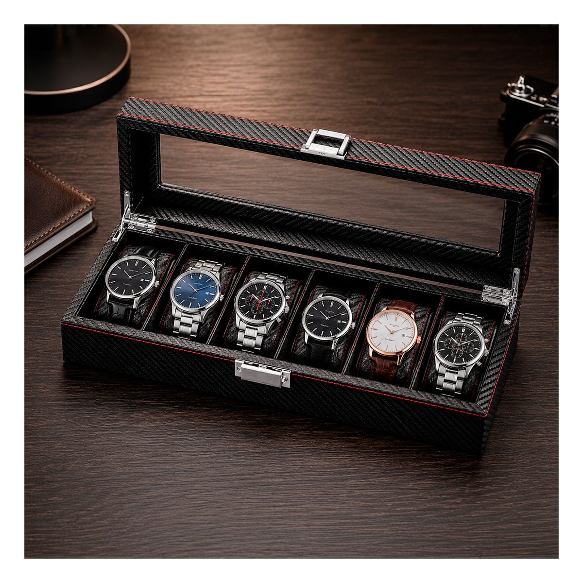 SOPORTE PARA 6 RELOJES CON INTERIOR ACOLCHADO NEGRO Y LIGAS REGALO - 1