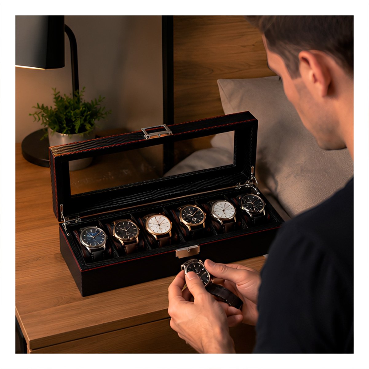 SOPORTE PARA 6 RELOJES CON INTERIOR ACOLCHADO NEGRO Y LIGAS REGALO - 2