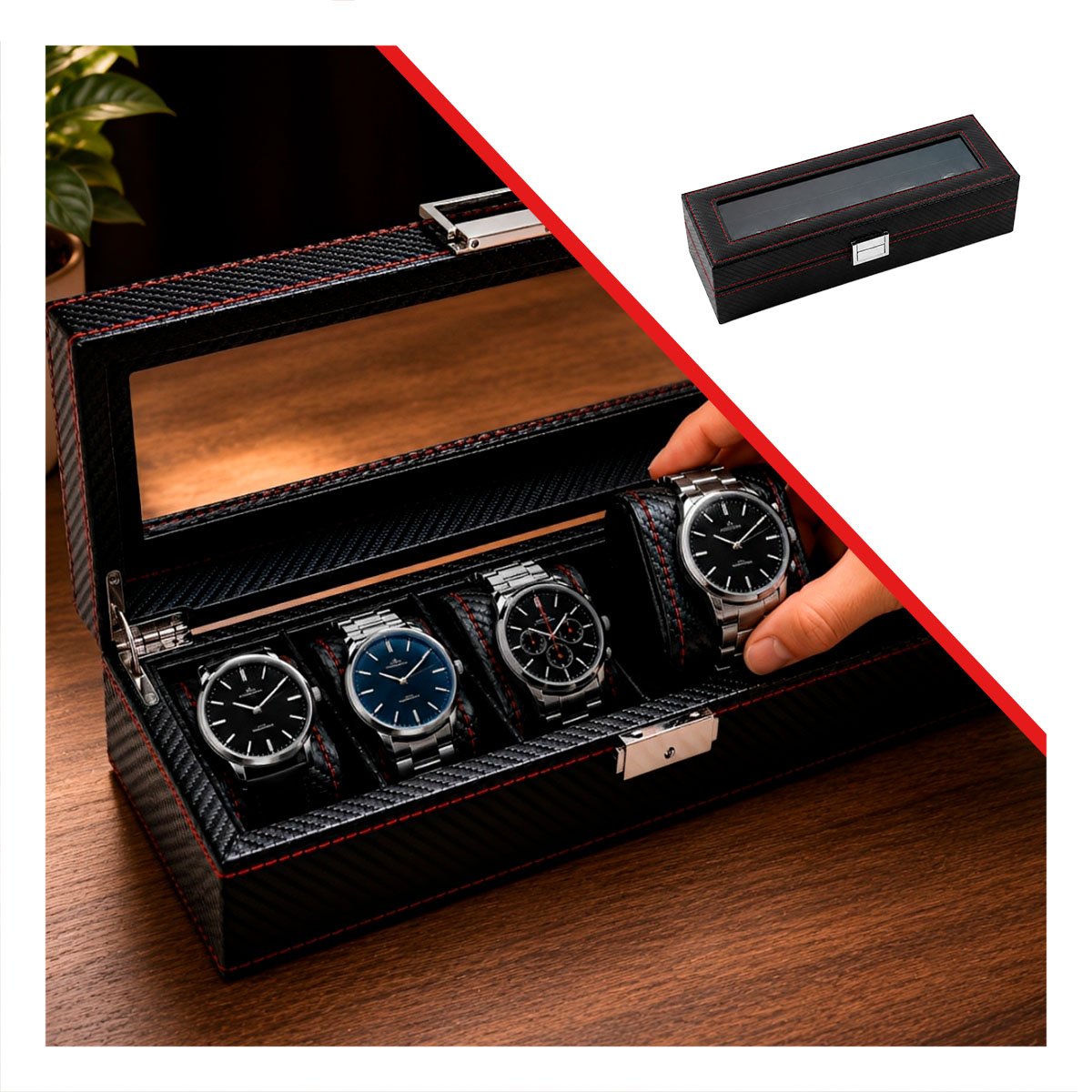 SOPORTE PARA 6 RELOJES CON INTERIOR ACOLCHADO NEGRO Y LIGAS REGALO - 3