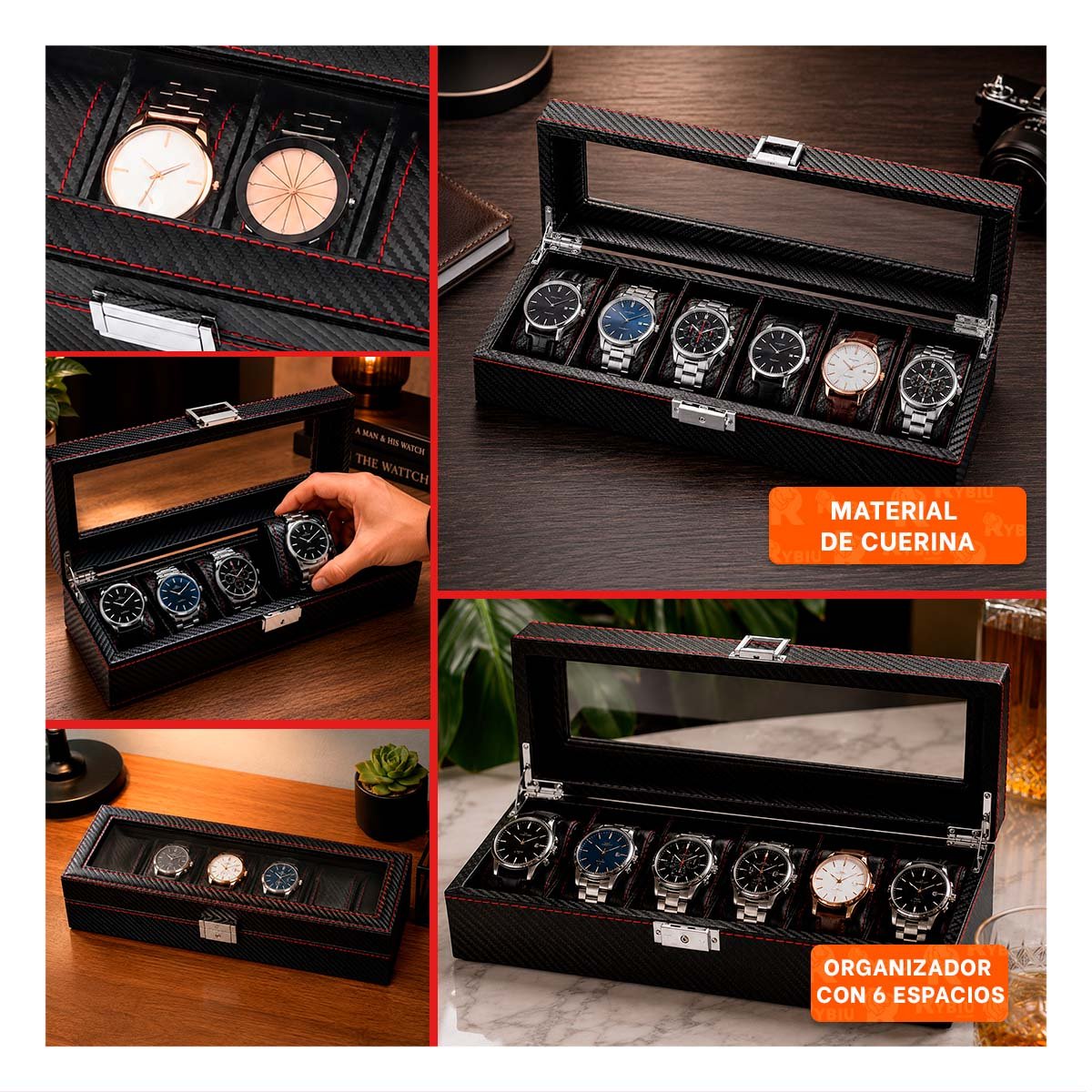 SOPORTE PARA 6 RELOJES CON INTERIOR ACOLCHADO NEGRO Y LIGAS REGALO - 5