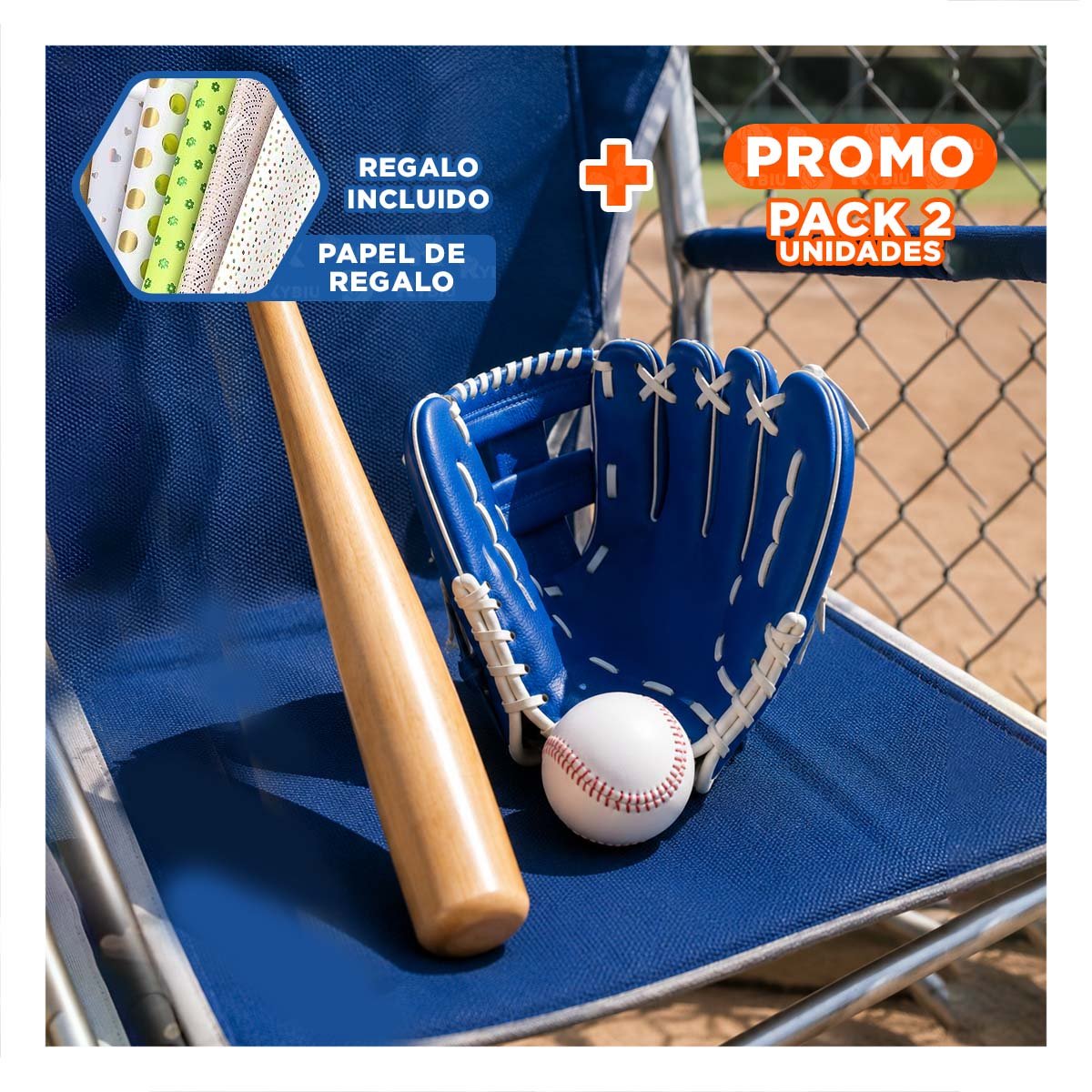 PACK2 PACK AZUL CON BATE GUANTE Y PELOTA PARA ENTRENAMIENTO DEPORTIVO YPAPEL REGALO - 1