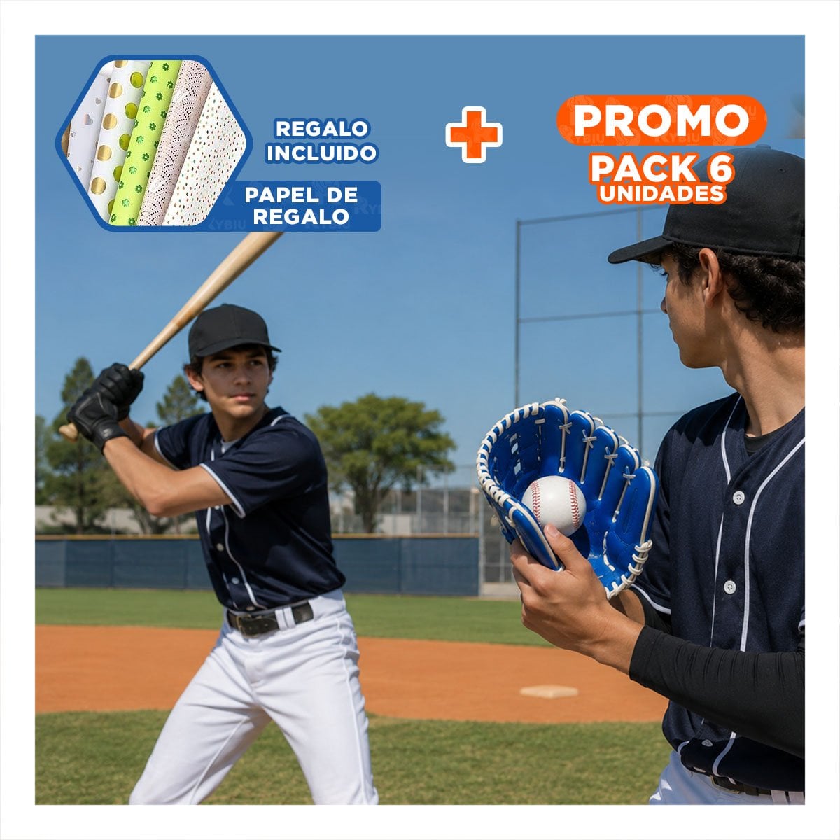 PACK6 KIT PARA JUEGO DE BEISBOL COLOR AZUL CON BATE GUANTE Y PELOTA YPAPEL REGALO - 1